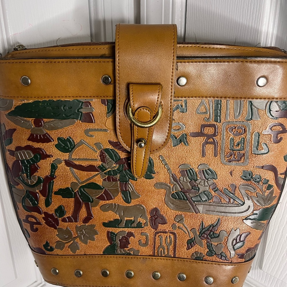 Vintage Y2K Embossed Leather Egyptian Motif Rustic Western Boho Book Bag Purse
